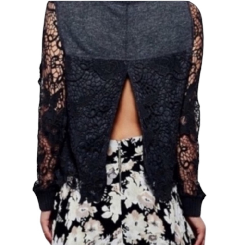 Free People Pretty Rad Sweater Graphite Black Round Neck Crochet Lace Goth Med - Picture 8 of 15